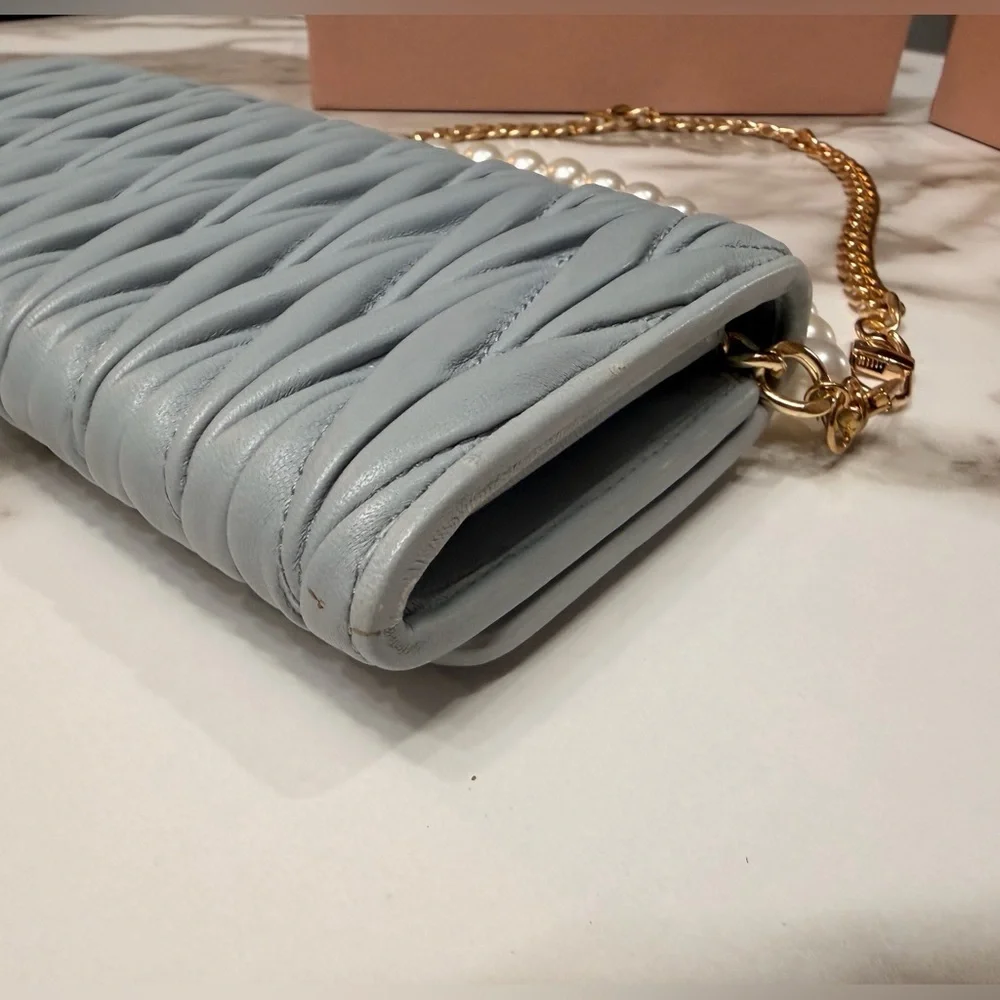 Miu Miu Matelasse Bifold Long Wallet Logo Leather Cielo Blue
